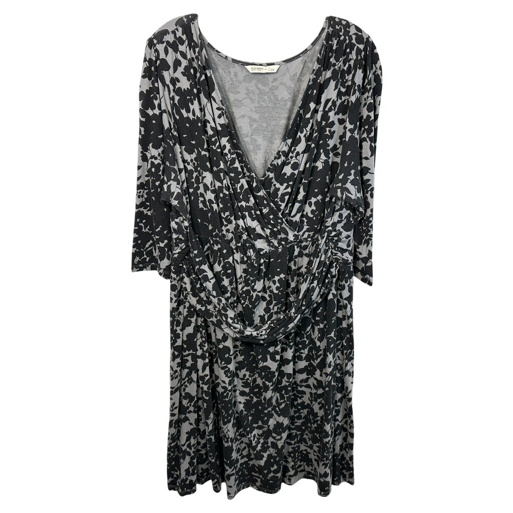 Old Navy Plus Sz 2X Dress Faux Wrap Gray Black Floral Whimsigoth Witch Fairy 845